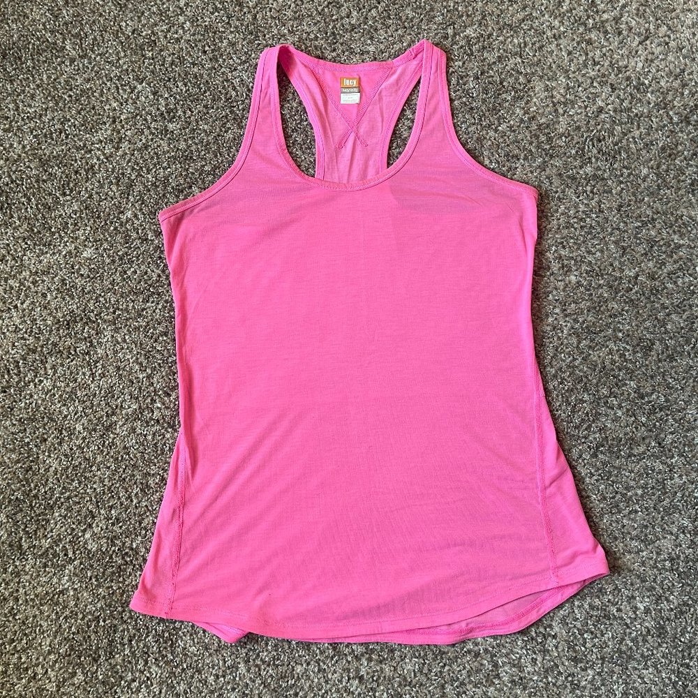 Lucy Hot Pink Semi-Fitted Lucytech Athletic Racerback Tank, Size Medium